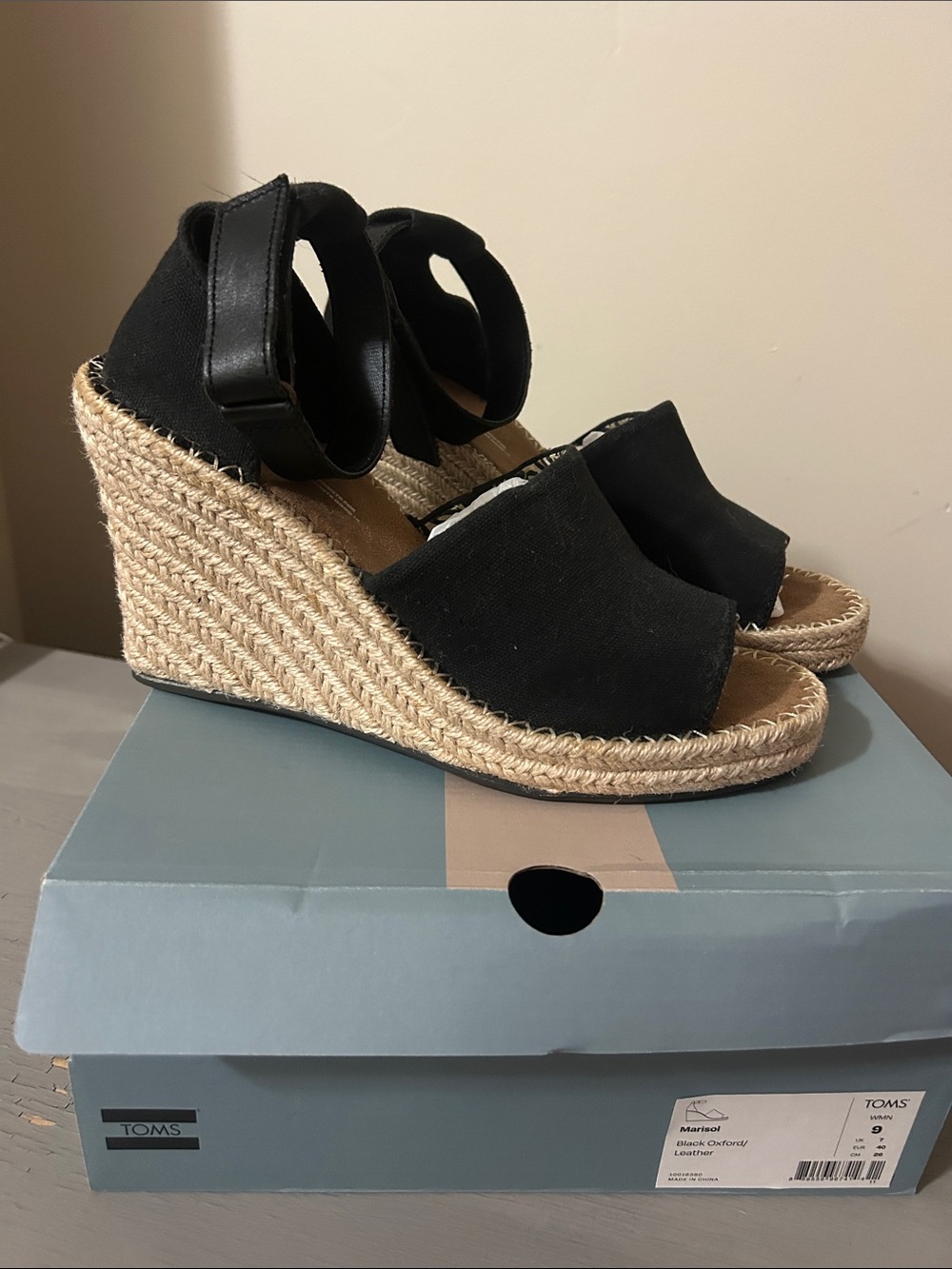 TOMS Black Canvas Espadrille Wedge Sandals